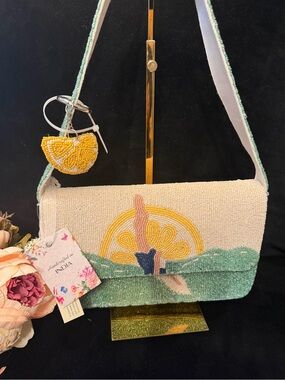 NWT Beaded Diver Shoulder Bag in Cream and Green
